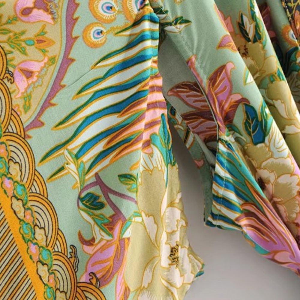 Bohemian Mint Green Floral Print Cut out Sleeve Belted Kimono Cover up - Picture 7 of 8